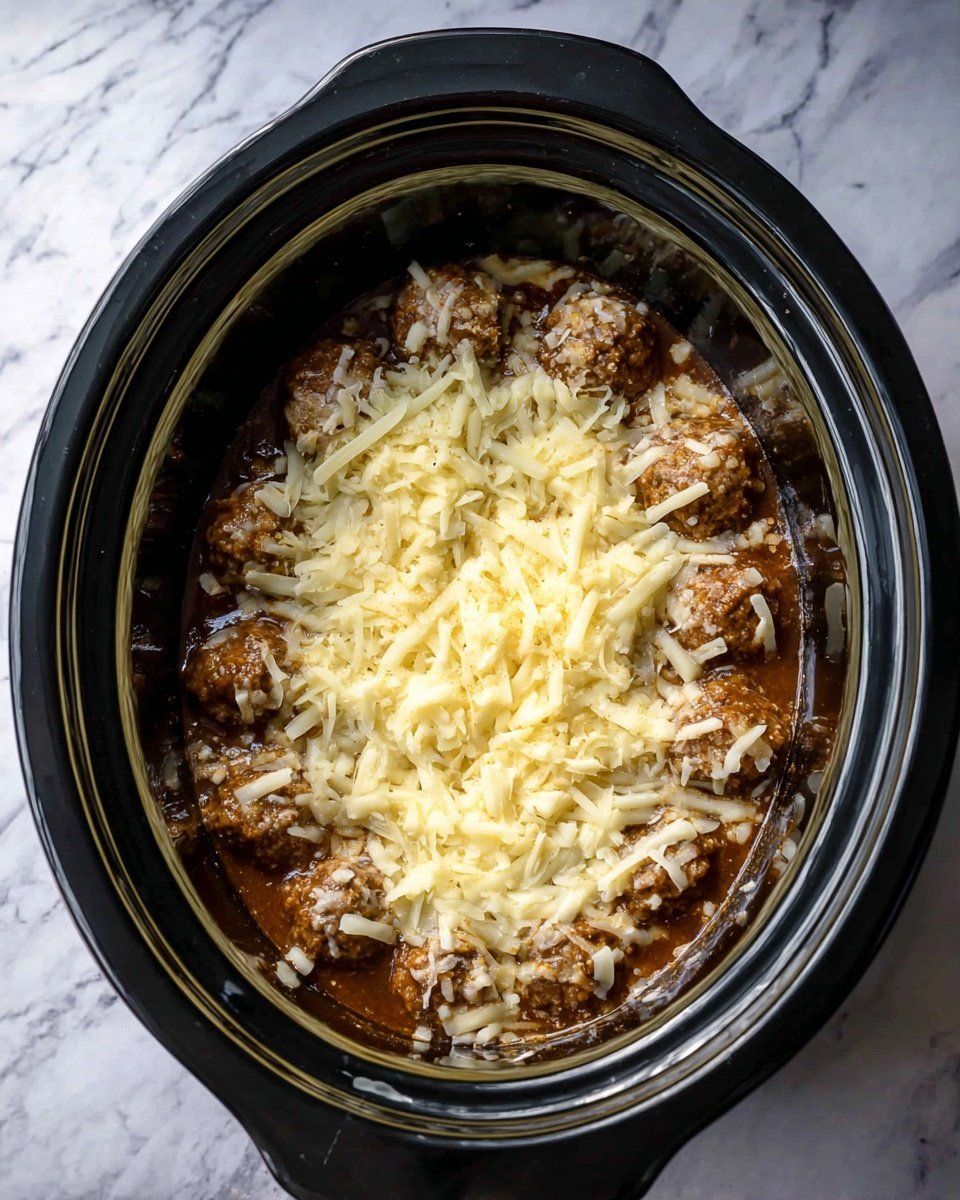 A black slow cooker filled with several round, brown meatballs sitting in a dark brown sauce as the base layer, topped with a generous layer of shredded pale yellow cheese melting and slightly covering the meatballs. The cooker is placed on a surface with a white marbled texture. Photo taken with an iphone --ar 4:5 --v 7