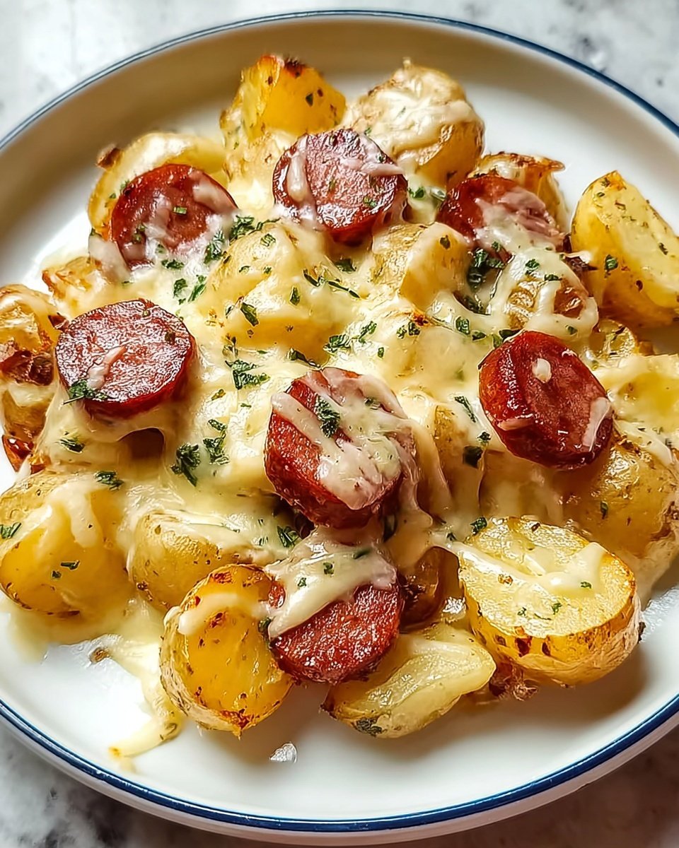 This dish is served on a white plate with a thin blue line around the edge, placed on a white marbled surface. The food shows roughly two layers: the bottom layer is made of small, golden roasted potato halves with visible skin and soft edges. The top layer is a generous amount of melted cheese, light yellow and creamy, covering the potatoes unevenly, with some parts more thickly coated than others. Scattered on top are round, reddish-brown sausage slices, slightly crisped on the edges. Small green herb flakes are sprinkled lightly over the entire dish, adding color contrast. The cheese has slightly bubbled and browned spots, suggesting it was just baked. photo taken with an iphone --ar 4:5 --v 7