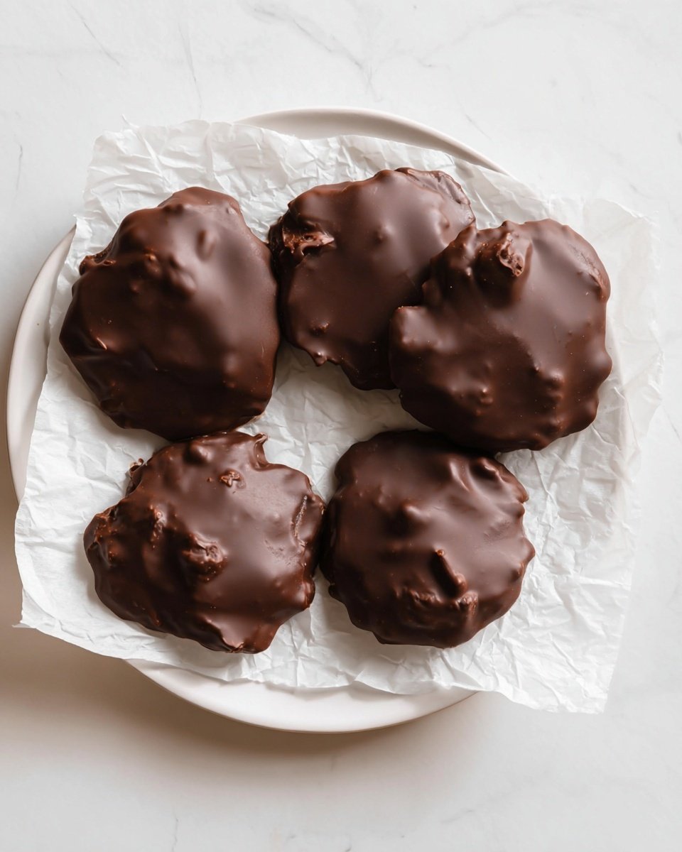 A white plate holds four irregularly shaped chocolate-covered treats resting on a crinkled white paper. Each piece is thickly coated with smooth, glossy dark chocolate, showing uneven, slightly bumpy surfaces with some small lumps beneath the chocolate layer. The background is a white marbled texture, enhancing the rich, dark color of the chocolate and the soft folds of the paper. photo taken with an iphone --ar 4:5 --v 7