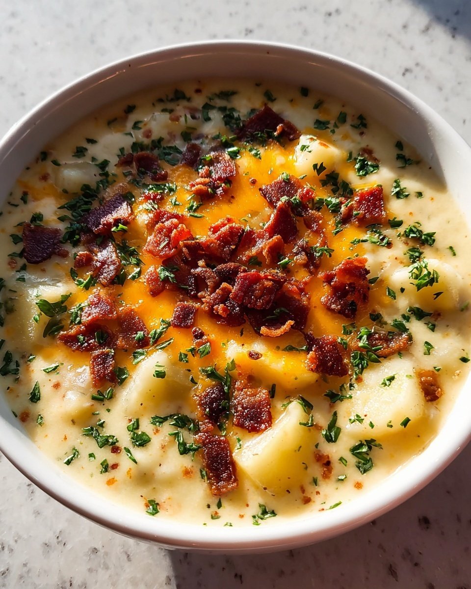 A white bowl is filled with creamy soup as the bottom layer, pale yellow in color with a smooth texture, mixed with soft, small white potato chunks scattered evenly throughout. On top, there is a layer of melted bright orange cheese in the center, slightly spread out. Above the cheese, crispy brown bacon bits are sprinkled widely, giving a crunchy texture. Finally, finely chopped green herbs are spread over the entire dish, adding a fresh touch. The bowl rests on a white marbled surface, with sunlight highlighting the colors in the soup. photo taken with an iphone --ar 4:5 --v 7