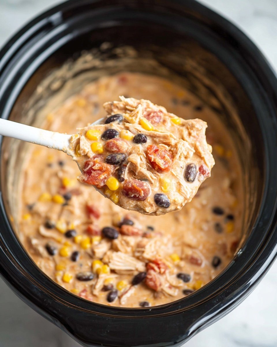 A close-up view of creamy stew in a black slow cooker with a white plastic spoon lifting a scoopful. The stew has three visible layers: a beige creamy sauce mixed with pieces of shredded light brown chicken, black beans, bright yellow corn kernels, and small red tomato chunks. The thick texture and mixed ingredients create a colorful, hearty look, with the spoon held above the main stew inside the cooker. The background is a white marbled surface photo taken with an iphone --ar 4:5 --v 7