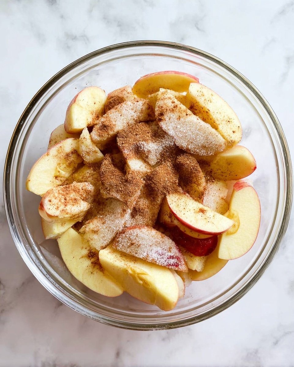 In a clear glass bowl placed on a white marbled surface, there are many apple slices arranged loosely in one layer. The apple slices have yellowish white flesh with red skins partially visible. On top of the apples, there is a light dusting of white granulated sugar and brown cinnamon powder spread unevenly, giving a mix of white and brown specks over the fruit. The texture of the apple skin is smooth and the sugar looks fine and powdery. No other items are visible around the bowl. photo taken with an iphone --ar 4:5 --v 7