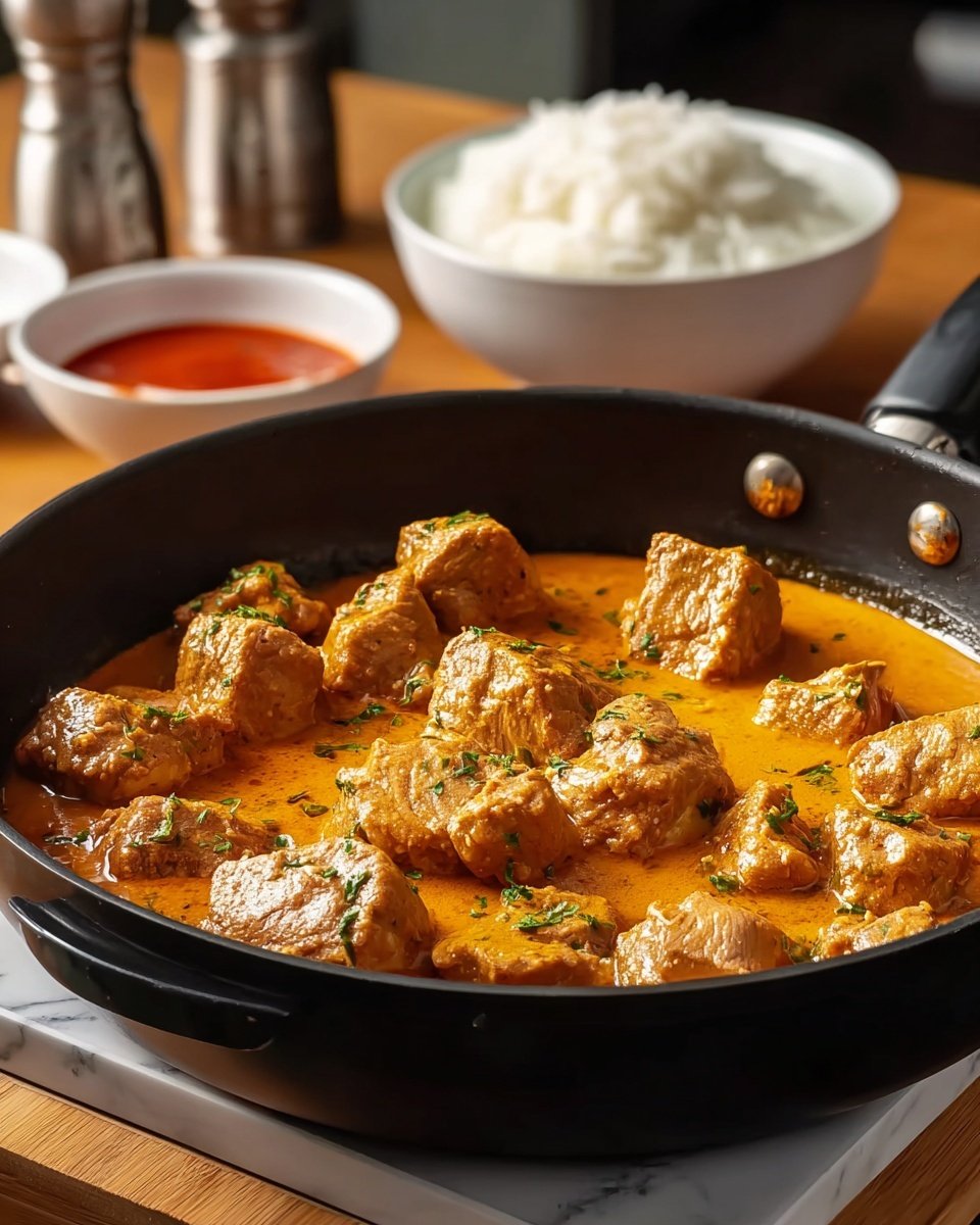 A black frying pan filled with about 14 pieces of thick, orange-brown meat chunks simmering in a smooth, creamy orange sauce with small green herb bits sprinkled on top. The pan sits on a wooden board with a white marbled texture surface beneath. In the back, there is a white bowl full of plain white rice, and behind that, a white bowl with red sauce. Some salt and green-pepper shakers are also blurred in the background. The lighting is warm, highlighting the glossy texture of the sauce and meat pieces photo taken with an iphone --ar 4:5 --v 7