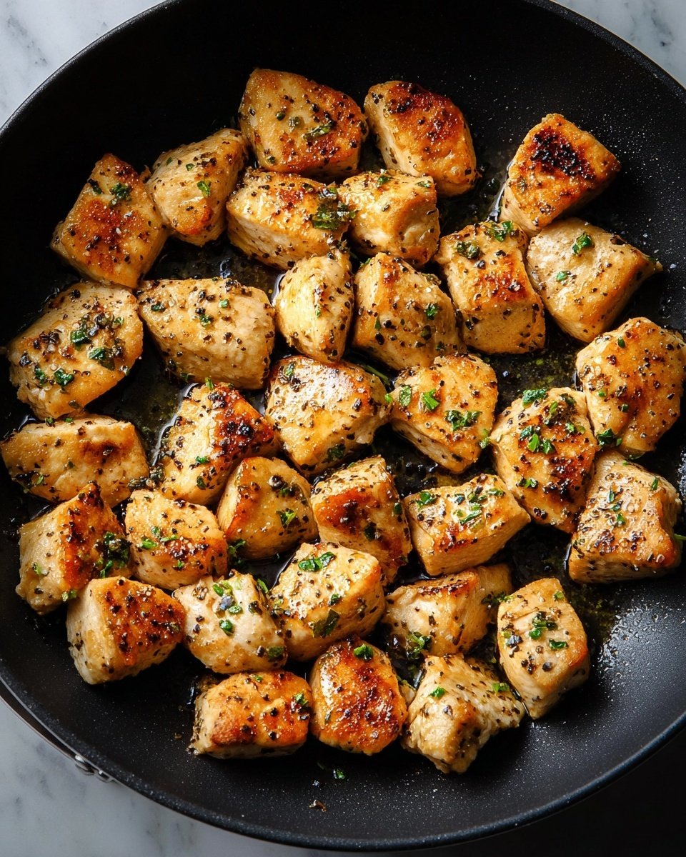 The image shows a black pan filled with about 30 small, golden-brown cooked chicken pieces. Each piece is evenly browned with a slightly crispy texture and speckled with black pepper and small green herb bits scattered on top. The chicken pieces are arranged in a single layer, covering most of the pan’s surface. The background is a white marbled texture. photo taken with an iphone --ar 4:5 --v 7