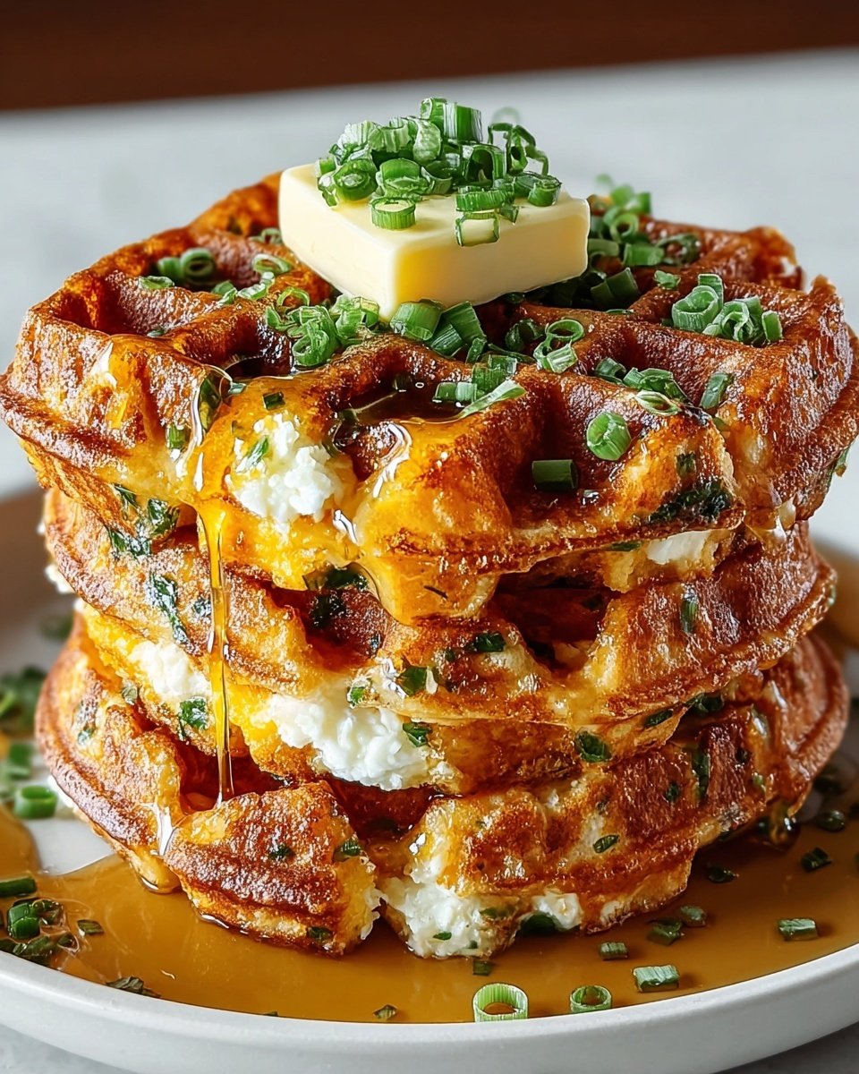 A stack of three golden brown waffles sits on a white plate, each waffle showing a crispy, textured surface with bits of green herbs baked inside. Between the waffles, there are visible layers of melted white and orange cheese mixed with chopped green herbs, slightly oozing out. On top of the stack rests a square piece of pale yellow butter, garnished with finely chopped fresh green onions scattered over and around it. Amber syrup drips down the sides, creating a glossy shine on the edges. The entire scene is set against a white marbled surface photo taken with an iphone --ar 4:5 --v 7
