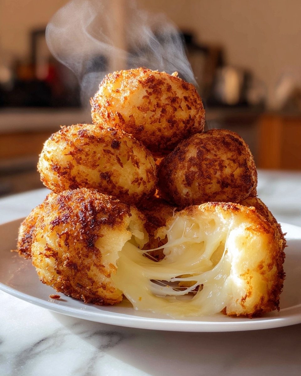 A white plate holds five golden brown cheese balls with a crispy, textured outside; one cheese ball is broken open in the front, showing melted, stretchy white cheese inside with a soft, moist interior. The cheese balls are stacked closely together, and steam rises from them, adding a fresh, warm feeling to the image. The background has a soft kitchen setting with warm lighting and a white marbled surface under the plate. photo taken with an iphone --ar 4:5 --v 7