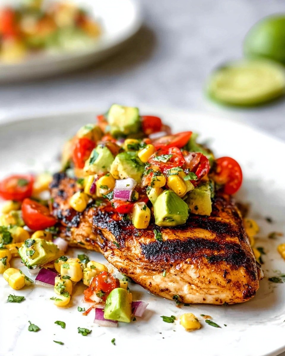 A grilled piece of chicken lies on a white plate with a white marbled surface underneath. The chicken is a dark golden brown with grill marks and a slightly charred texture. On top of the chicken, there is a colorful salsa made of red cherry tomato halves, bright green avocado chunks, grilled yellow corn kernels, and small bits of red onion, all mixed with herbs. Around the chicken on the plate, there are scattered pieces of salsa and a lime wedge in the background, slightly blurred. The overall look is fresh and vibrant with a mix of textures. photo taken with an iphone --ar 4:5 --v 7