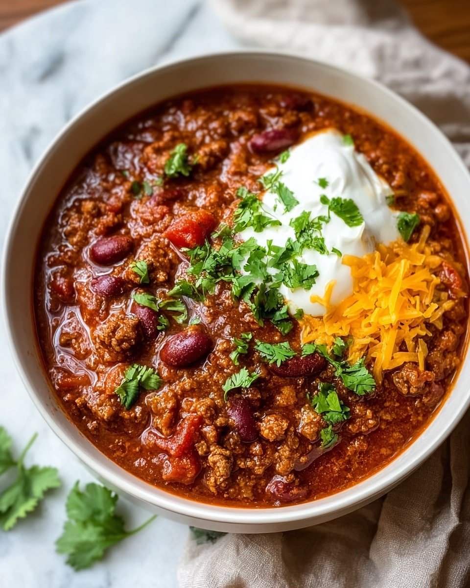 A white bowl filled with rich, thick chili that has layers of deep red sauce, chunky brown ground meat, and dark red kidney beans. There are bits of orange carrot visible within the chili. On top, there is a dollop of white sour cream, a sprinkle of melted yellow cheese, and fresh bright green cilantro leaves scattered in the center. A silver spoon is partially inside the bowl, resting on the chili. The bowl sits on a wooden surface with a soft textured cloth in the background, replaced by a white marbled texture. photo taken with an iphone --ar 4:5 --v 7
