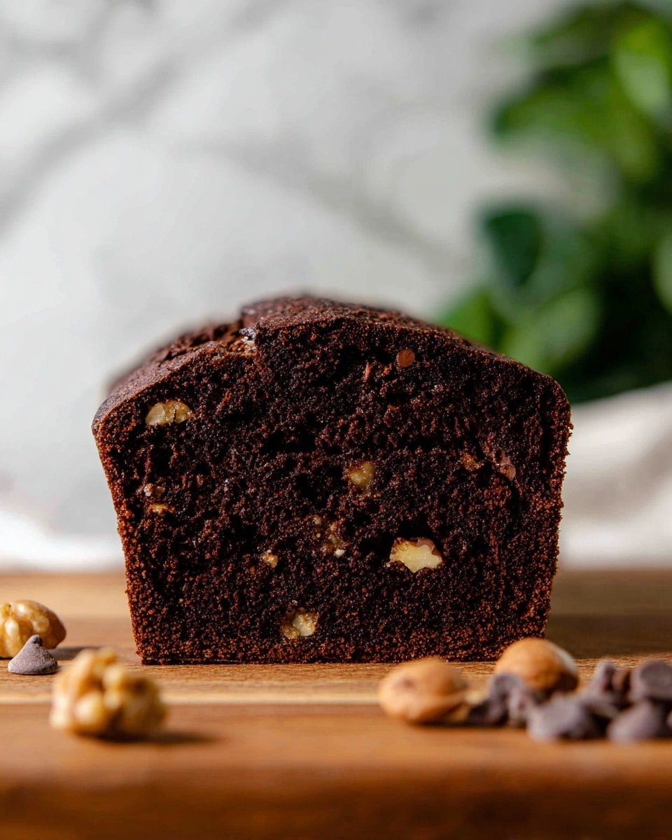 The image shows a thick slice of dark chocolate cake with visible pieces of nuts and chocolate chips scattered throughout the moist, dense texture. The cake has a slightly rounded top with a rich, dark brown color. It sits on a wooden surface with a few chocolate chips and nuts placed casually around the base of the slice. The background is softly blurred, showing a white marbled texture and some green foliage in the upper right corner. Photo taken with an iphone --ar 4:5 --v 7
