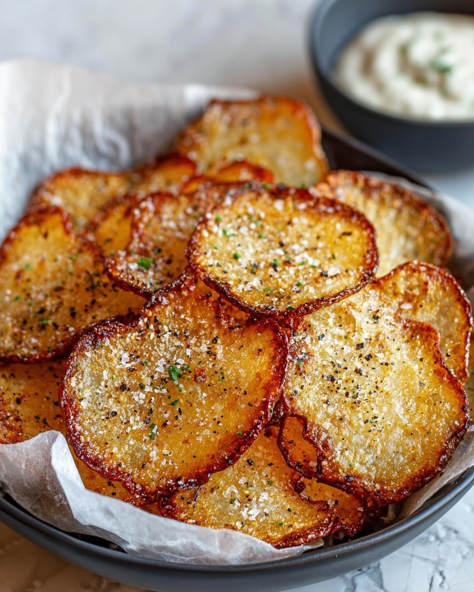 A dark grey bowl lined with white parchment paper holds a stack of crispy, golden-brown potato rounds, each about three layers thick with visible rough edges. The potato rounds have a slightly bubbly texture with browned, crunchy edges and a light sprinkle of coarse salt, cracked black pepper, and small green herb flakes on top. In the background, there is a blurred dark bowl with a creamy white dip. The surface beneath the bowl is a white marbled texture. Photo taken with an iphone --ar 4:5 --v 7